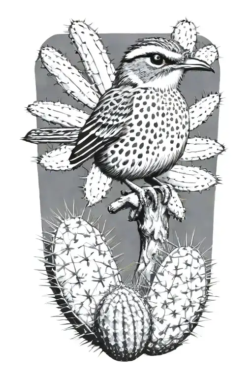 Cactus Wren On Cactus With Desert Background