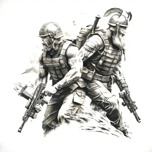 Russian Special Forces Soldier And Viking In Section On Background War