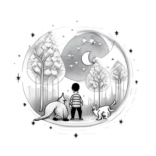 Boy With A Dog Watching The Stars In The Forest