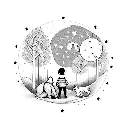 Boy With A Dog Watching The Stars In The Forest
