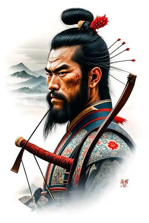 Japanese Warrior Head Above Landscape With Full Body Japanese Warrior Holding A Japanese Bow