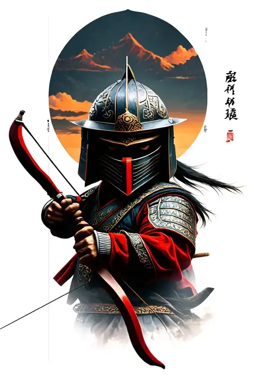 Japanese Helmet Above Landscape And Japanese Warrior With Archery Bow