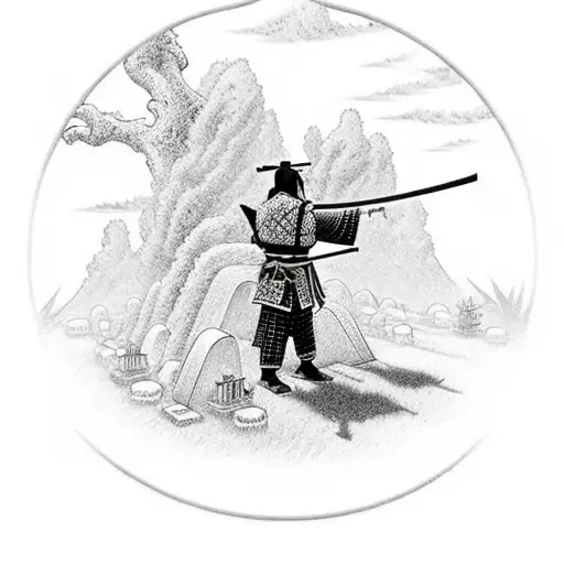 Samurai On His Knees In Front Of A Grave With A Tree On The Background Near A Temple