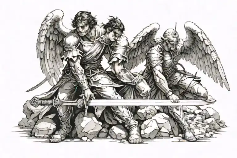 Man Crouched Down With Sword While Angel Flies Down Towards Him