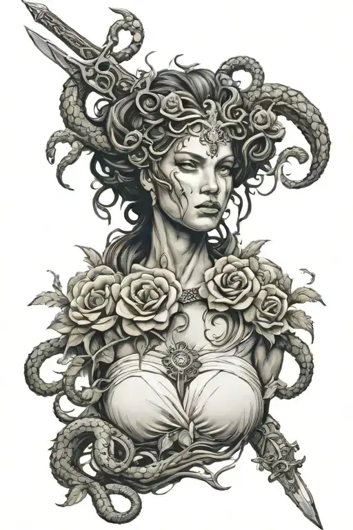 Medusa With Hecate Snakes Flowers Sword Surrounded