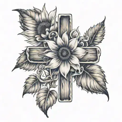 Cross With Wood Violet Sunflower And Rose