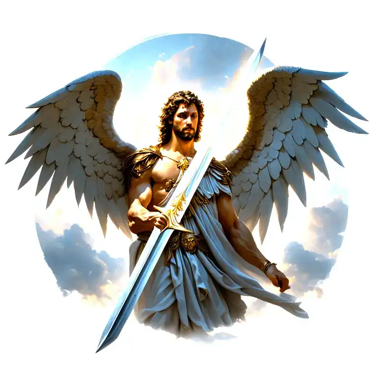 Archangel Michael Big Wings Spread Wide Holding A Sword