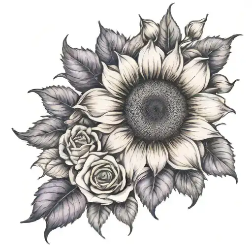 Cross With Wood Violet Centered Sunflower And Rose