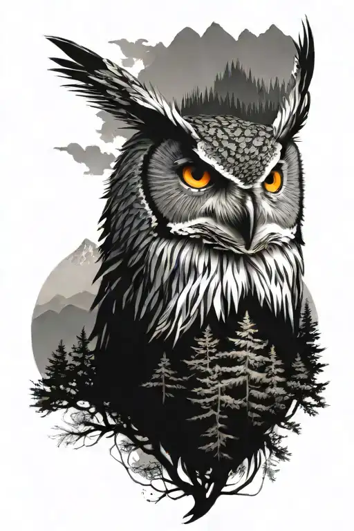 Abstract Owl Head Surrounded By Trees And Mountains Watching Over Everything