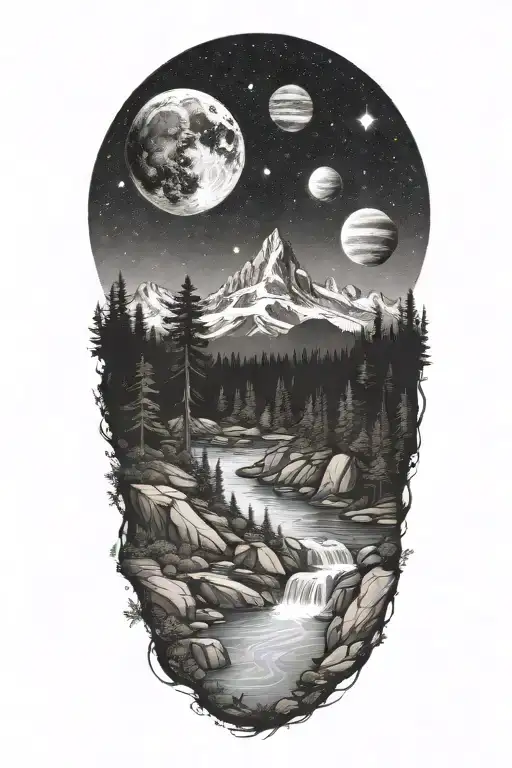 A Realistic Forested Mountain With A River Flowing Through And A Night Sky Of Planets And Stars