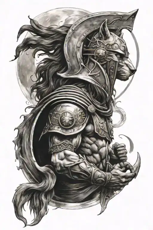 Spartan Warrior With A Wolf Howling At A Crescent Moon And Star