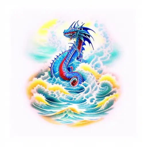 Blue Dragon Sleeve With Ocean Waves And Colorful Flowers