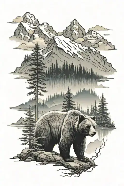 Bear With Trees And Mountains Behind It