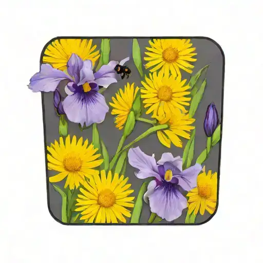 Purple Iris And Dandelion In A Circle With A Very Small Bee