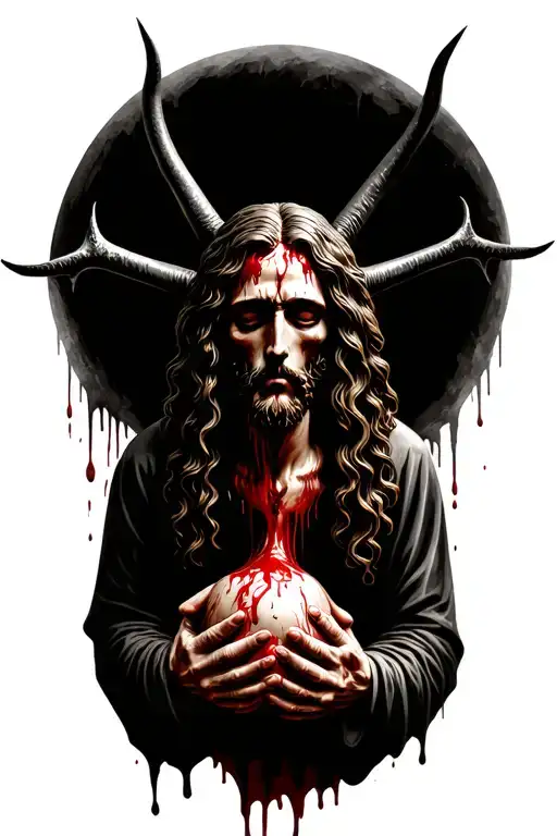 Satanic Being Holding Jesus Christs Bloody Head Surrounded By Black Magic And Death