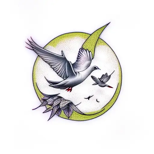 Small Doves Flying In Front Of Moon