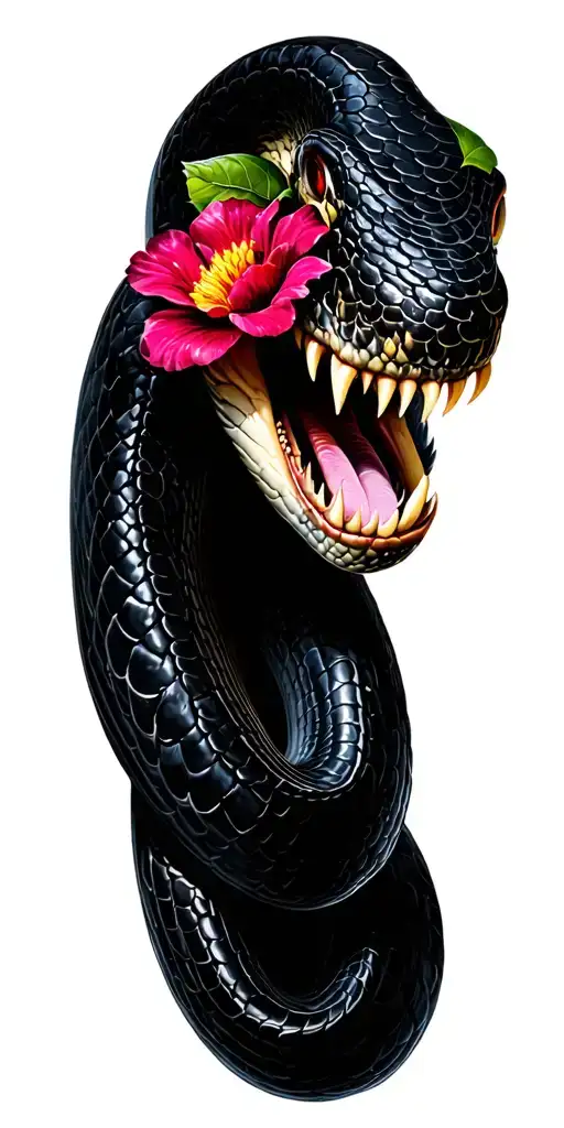 Flowers And Black Snake With Large Fangs