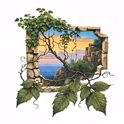 Stone Wall Wrapped In Vines Sunset Sky