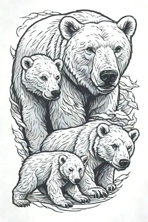 Polar Bear Momma With Two Cubs Surrounded