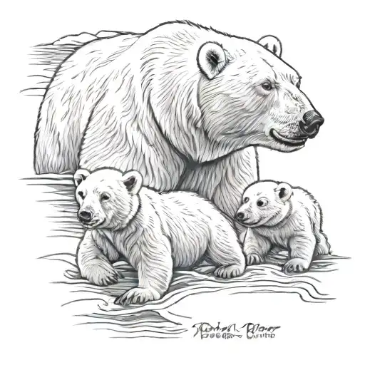 Momma Polar Bear With Two Cubs In Front Of Her