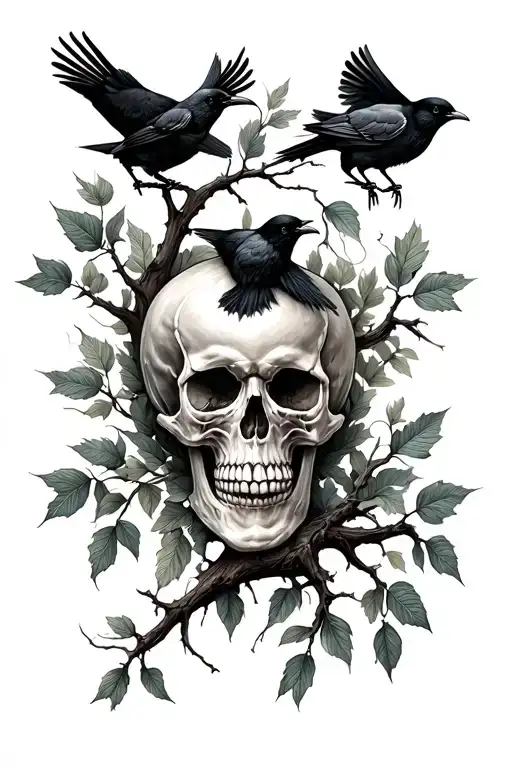 Skulls And Crows And Tree Branch Leaves As Filler Leg
