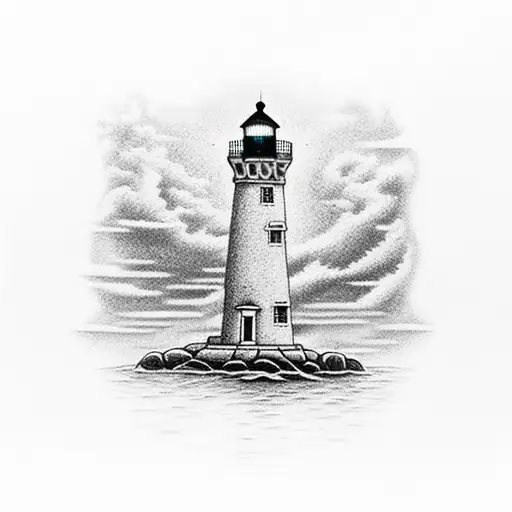 A Dotwork Lighthouse Standing Tall On A Rocky Shore