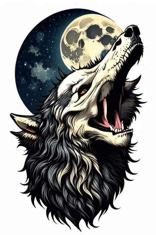 Skull And Wolf Howling At The Moon