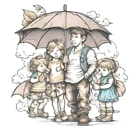 Young Dad Holding Umbrella For 2 Daughters