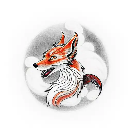 Japanese Nine Tailed Fox Legend With Its Red Marks And Moon Behind It