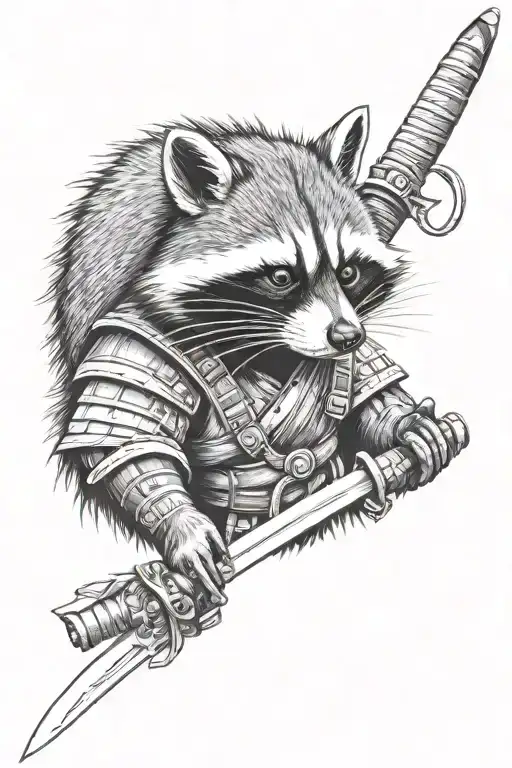 Raccoon In Samurai Style With Samurai Swords