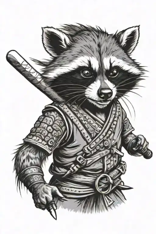 Angry Raccoon With A Grin In Samurai Style With Samurai Swords
