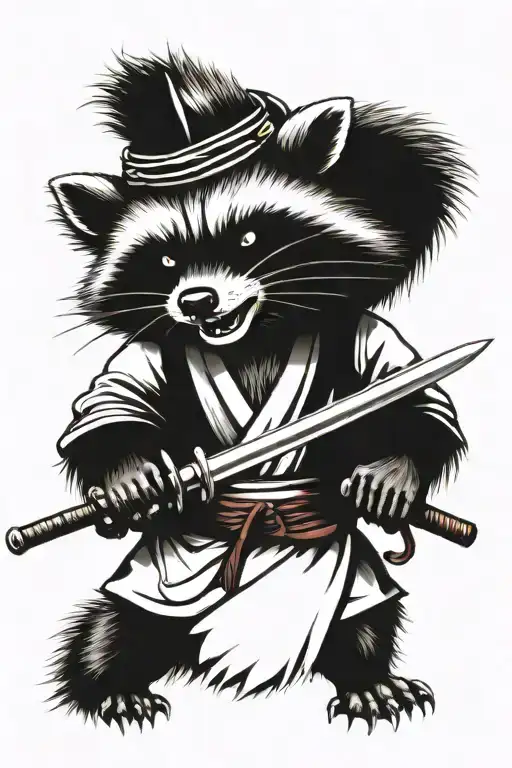 Angry Raccoon Grins In Samurai Style With Samurai Swords