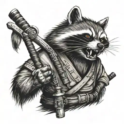 Angry Raccoon Grins In Samurai Style With Samurai Swords