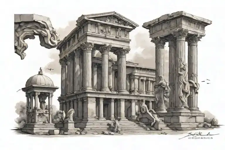 Roman Temple And Statues Symbolizing Strength
