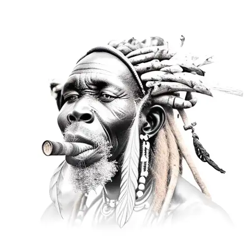 African Bushman Shaman Smoking A Traditionalpipe
