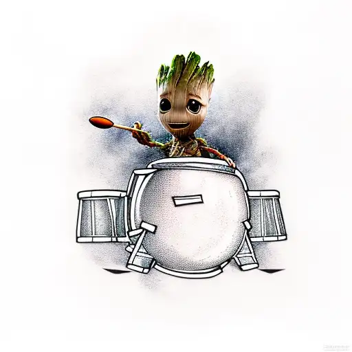 A Baby Groot Playing A Drum Set