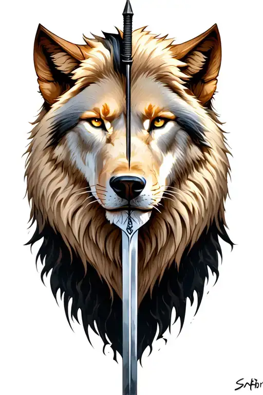 Half Lion Half Wolf With Sword Or Arrow In Between Them
