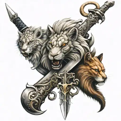 Three Sword With Lion Fox And Snake Head