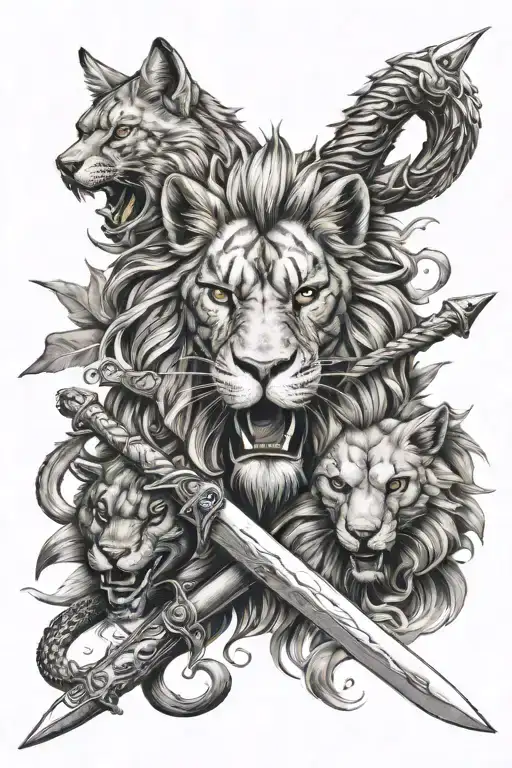 Three Sword With Lion Fox And Snake Head