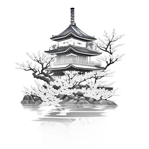 Japanese Pond With Cherry Blossoms Refelcted In Water