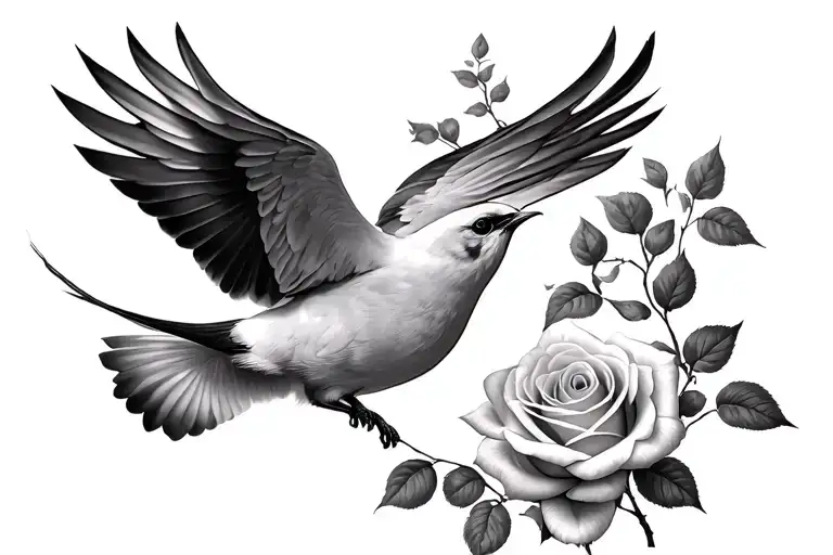 Rose And Bird Flying Balck And White