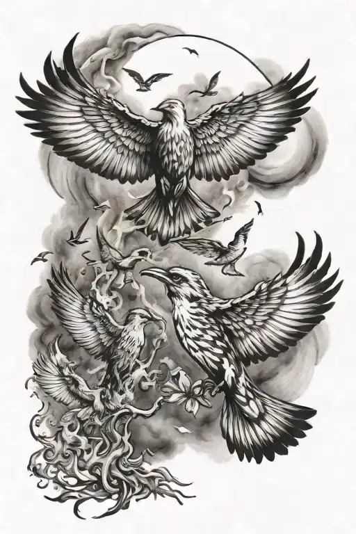 Fire And Birds Flying Away