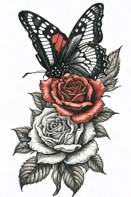 Red Rose With Black Butterfly Resting