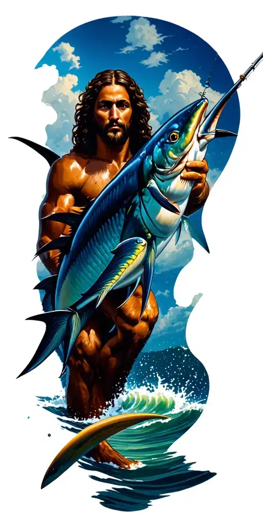 Jesus Looking At Me Surfing And Below The Waters I Fishing A Marlin With Appearance