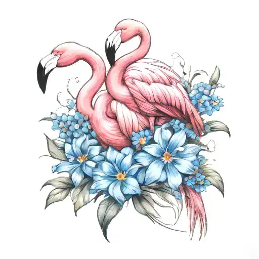 Flamingo And Forget Me Not Flowers