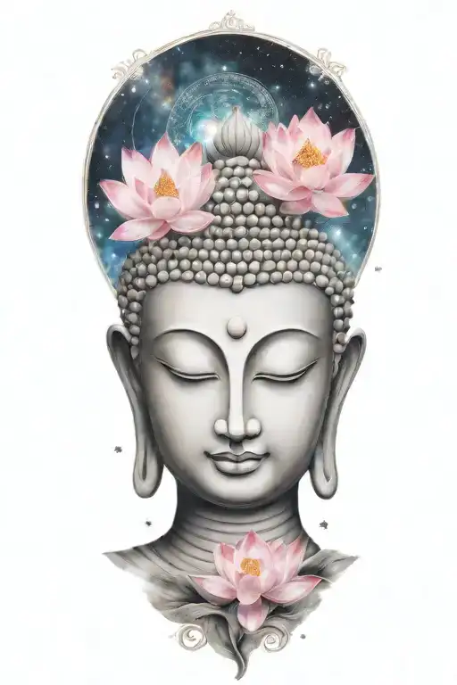 Buddha And Galaxy And Lotus Flower Blooming