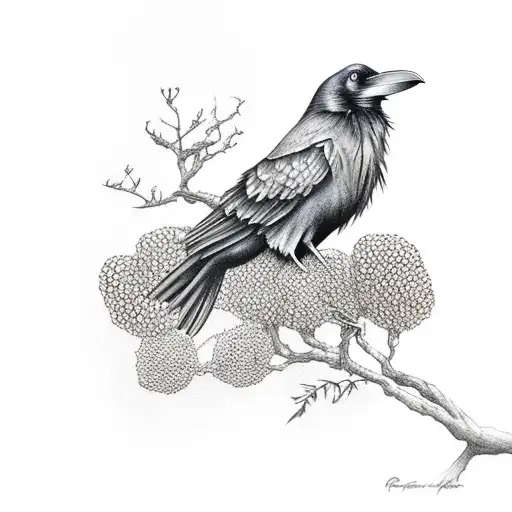 Raven On A Thin Tree Branch Plucking A Berry From The Tree