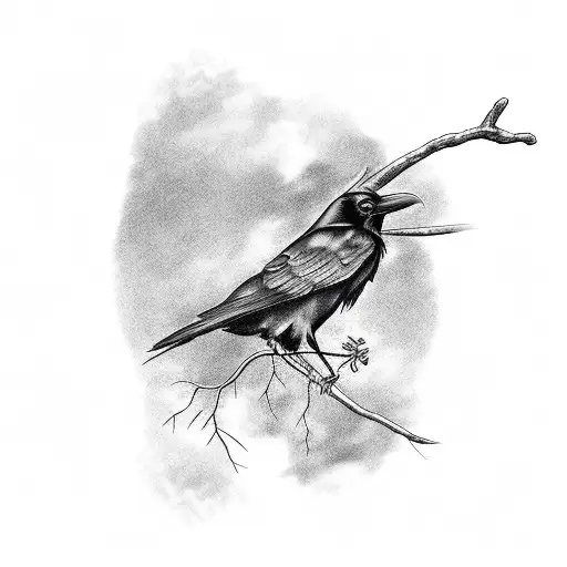 Raven On A Thin Tree Branch Plucking A Berry From The Tree With Its Claw