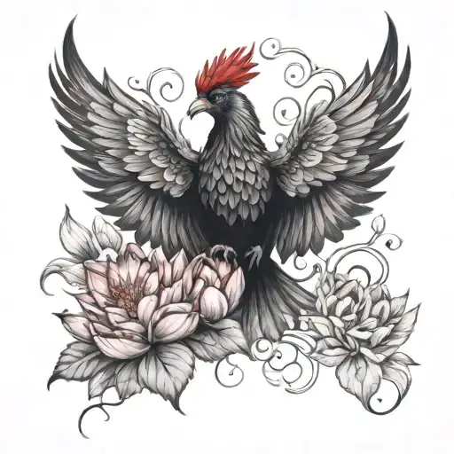 Black Phoenix Bird Surrounded By Red Lotus Flowers