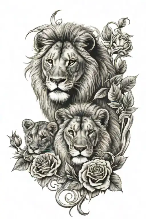 Lion With 3 Cubs Intertwined With Roses